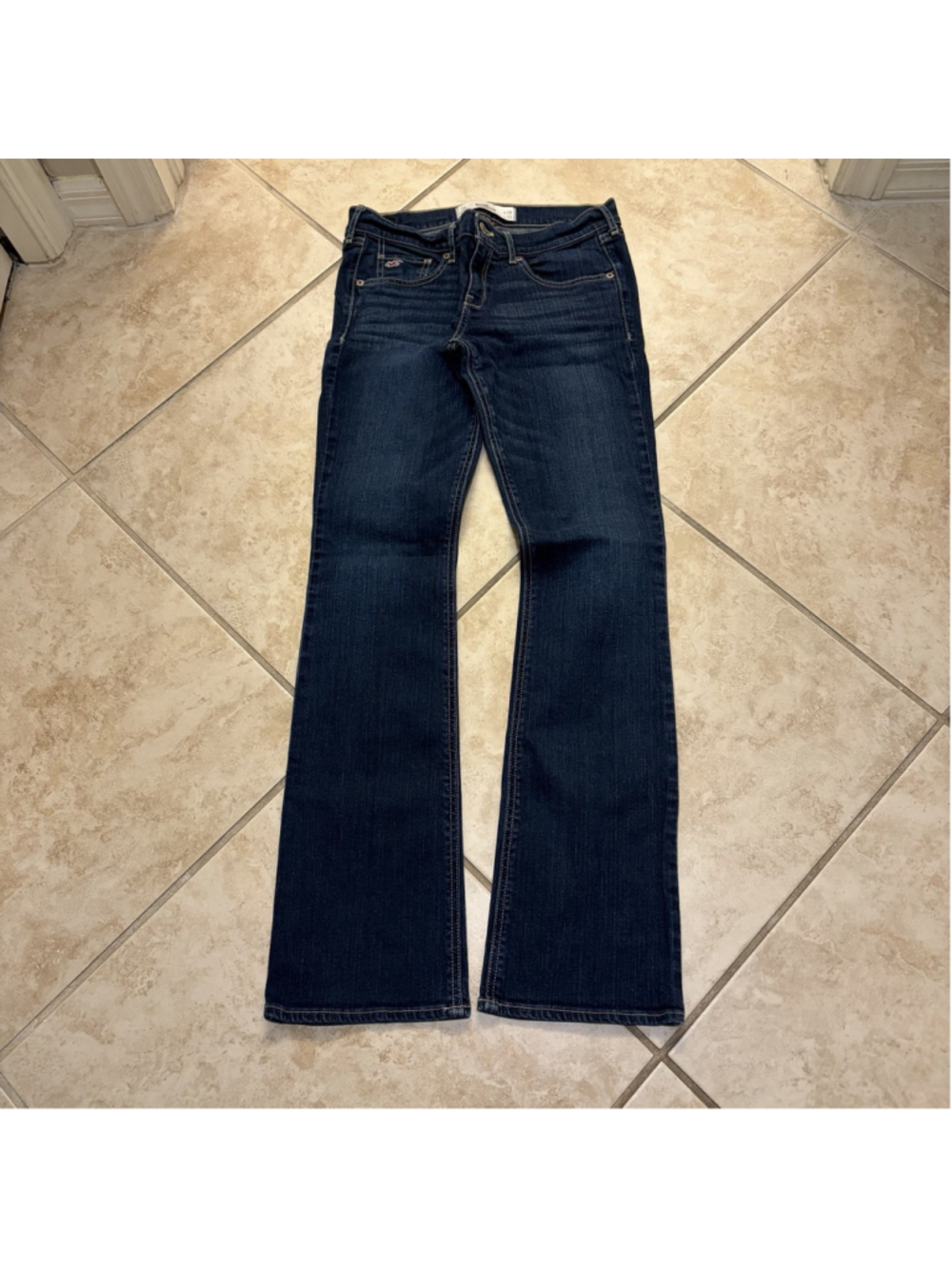 Hollister Women's Bootcut Jeans Dark Blue y2k 28" Denim Button Logo Embroidered